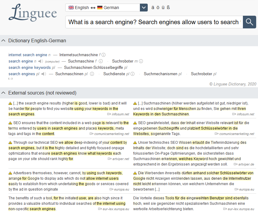 Example of search results in Linguee.